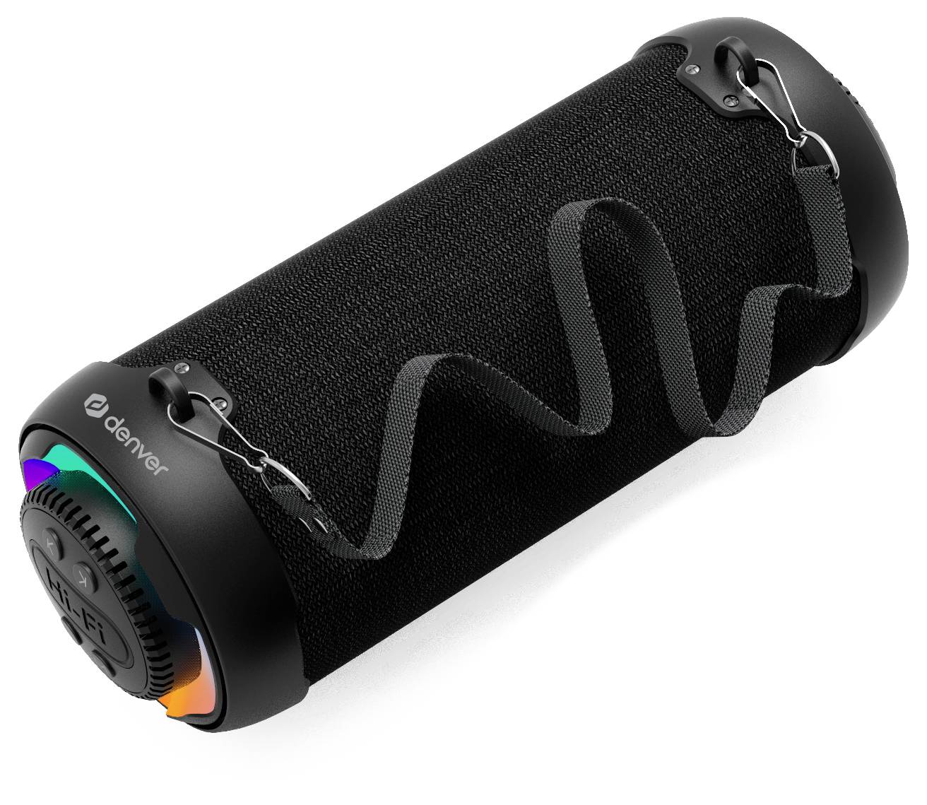 A portable cylindrical speaker with a black casing and carrying strap. LED lights at the end illuminate in various colours.