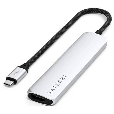 Compact USB-C adapter by Satechi with HDMI port, silver casing and black cable, suitable for modern laptops.