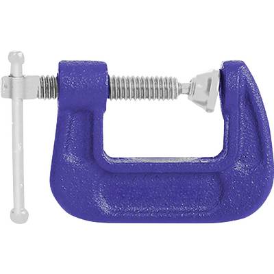A blue C-clamp with a silver screw used for holding objects tightly together.