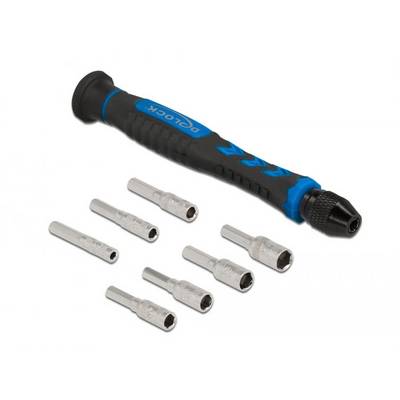 Screwdriver with an ergonomic handle and seven interchangeable bits in various sizes, for precise repair work.