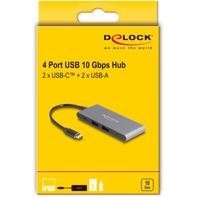 Delock 64111 USB hub 2+2 ports USB type A, USB C® USB 3.2 2nd Gen 10 GBit/s + USB C connector Grey 64111-3