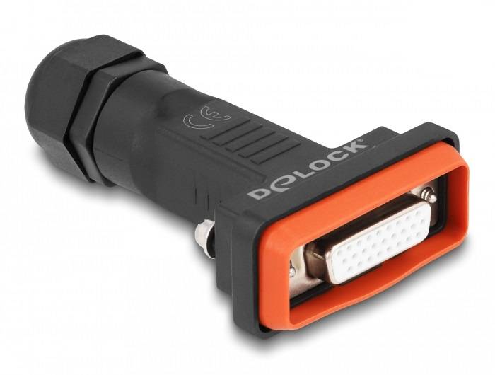 A black DVI adapter by Delock with an orange border. The adapter has a DVI socket on the front side.