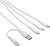 Four white charging cables with different connectors: USB-A, Micro-USB, Lightning and USB-C.