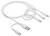 Multi-charging cable in white with USB-A connection and three different plugs: USB-C, Lightning, and Micro-USB, for simultaneous use.