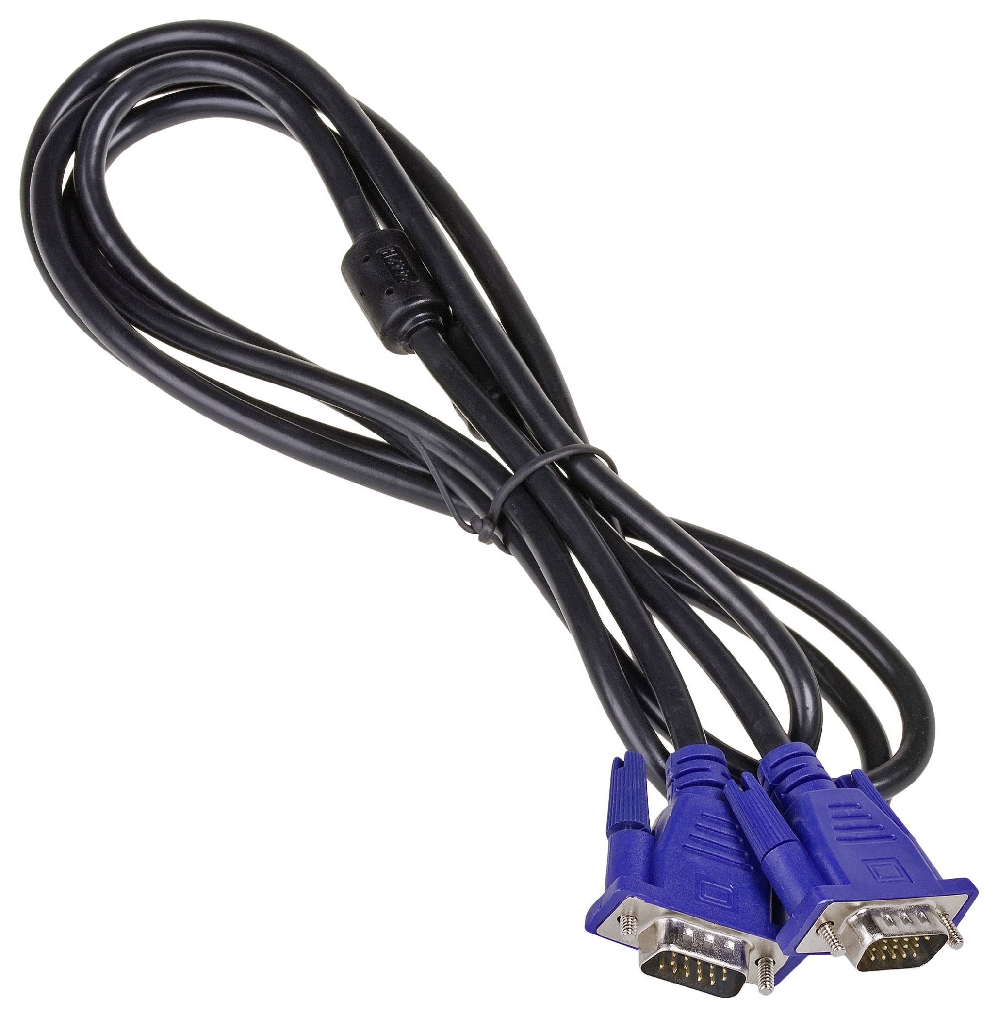 A black cable with blue VGA connectors at both ends, used for connecting computers to monitors or projectors.