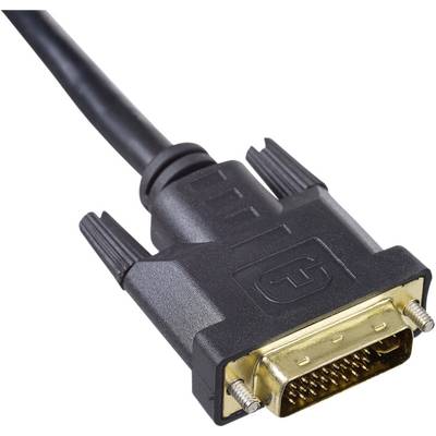 A black DVI cable with a gold-coloured connector for connecting computers to monitors for the transmission of image data.
