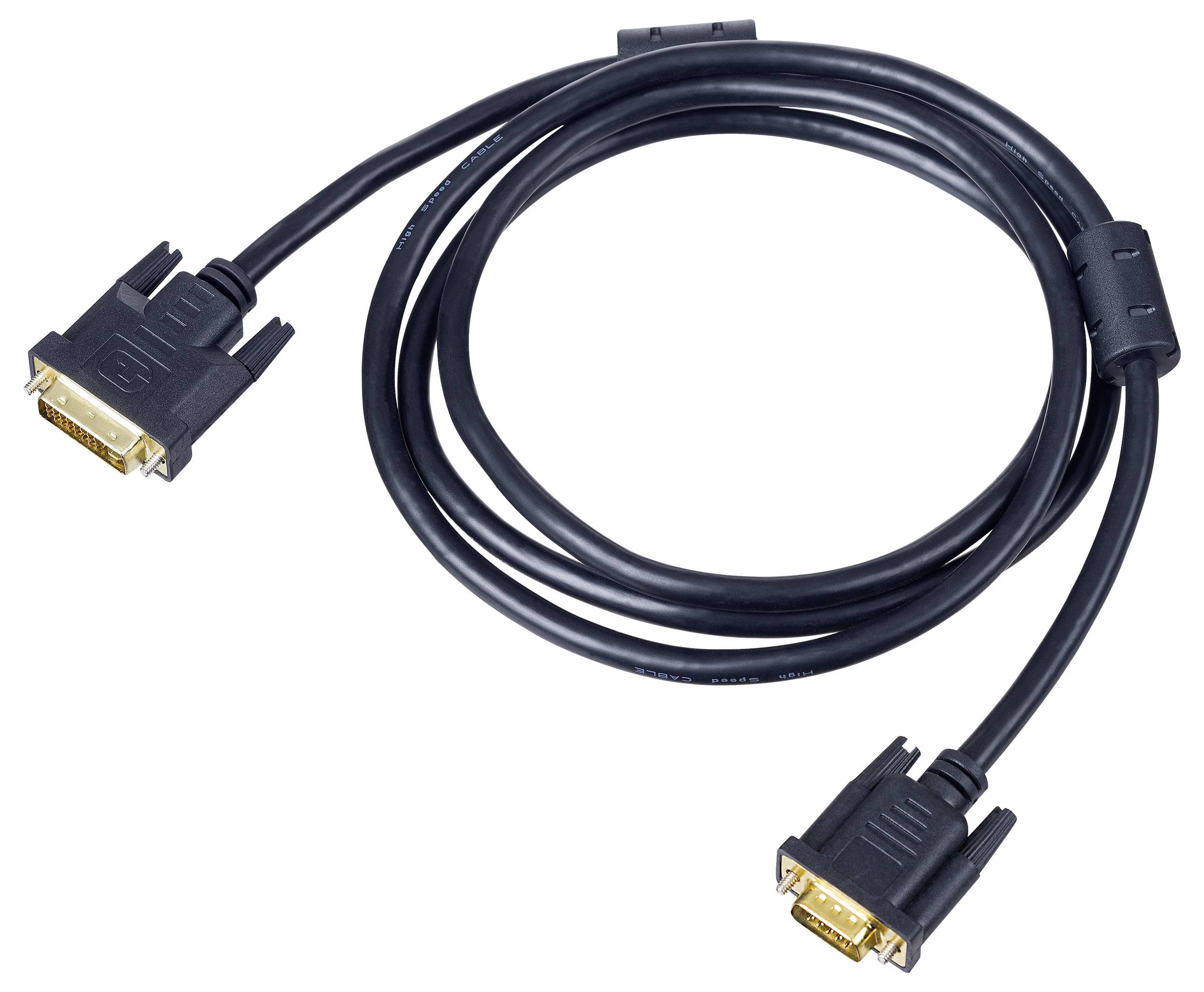 Black DVI cable with gold-plated connectors at both ends, coiled, on a white background.