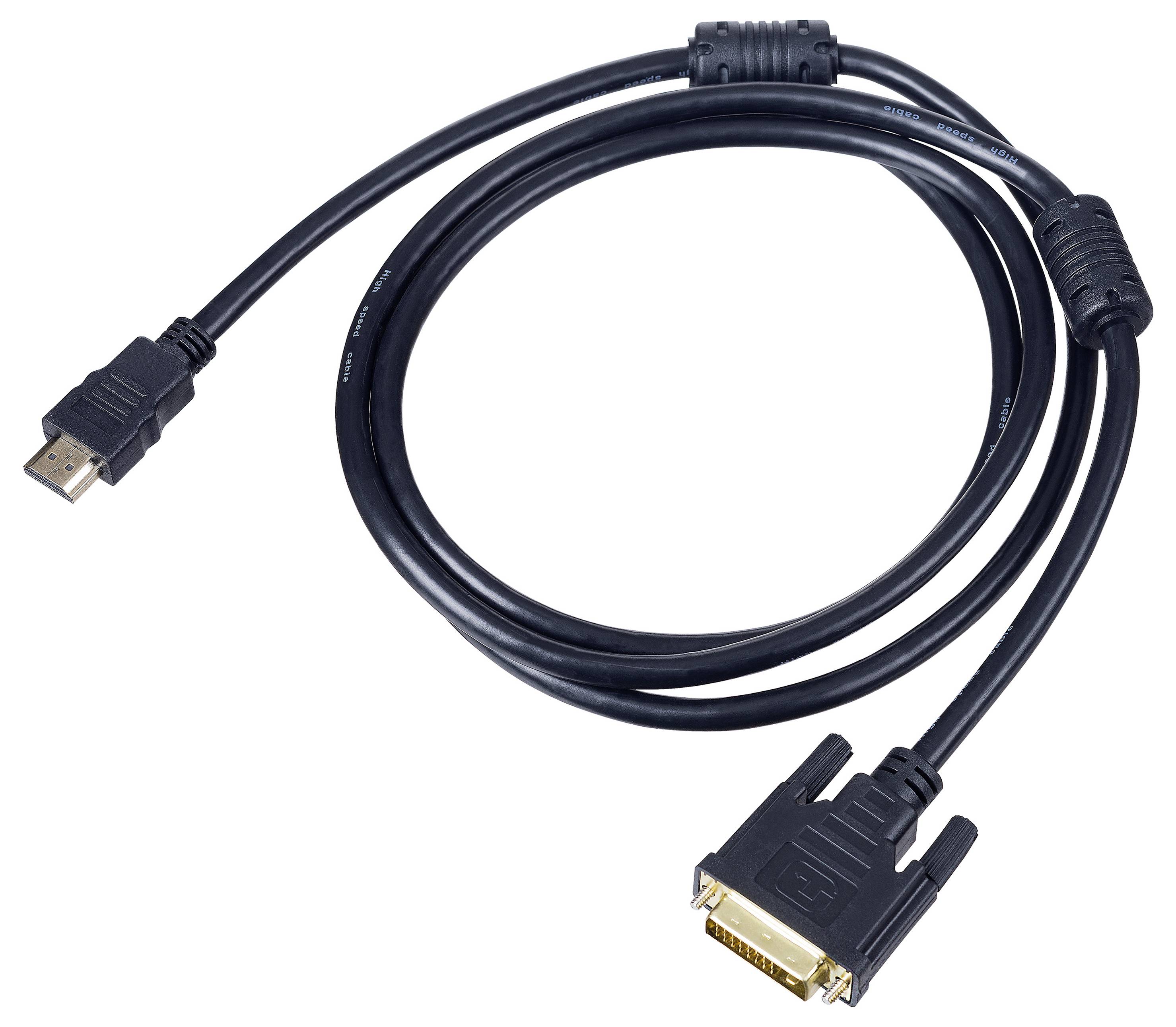 Black HDMI to DVI cable with visible connectors at both ends, suitable for audiovisual connections between devices.