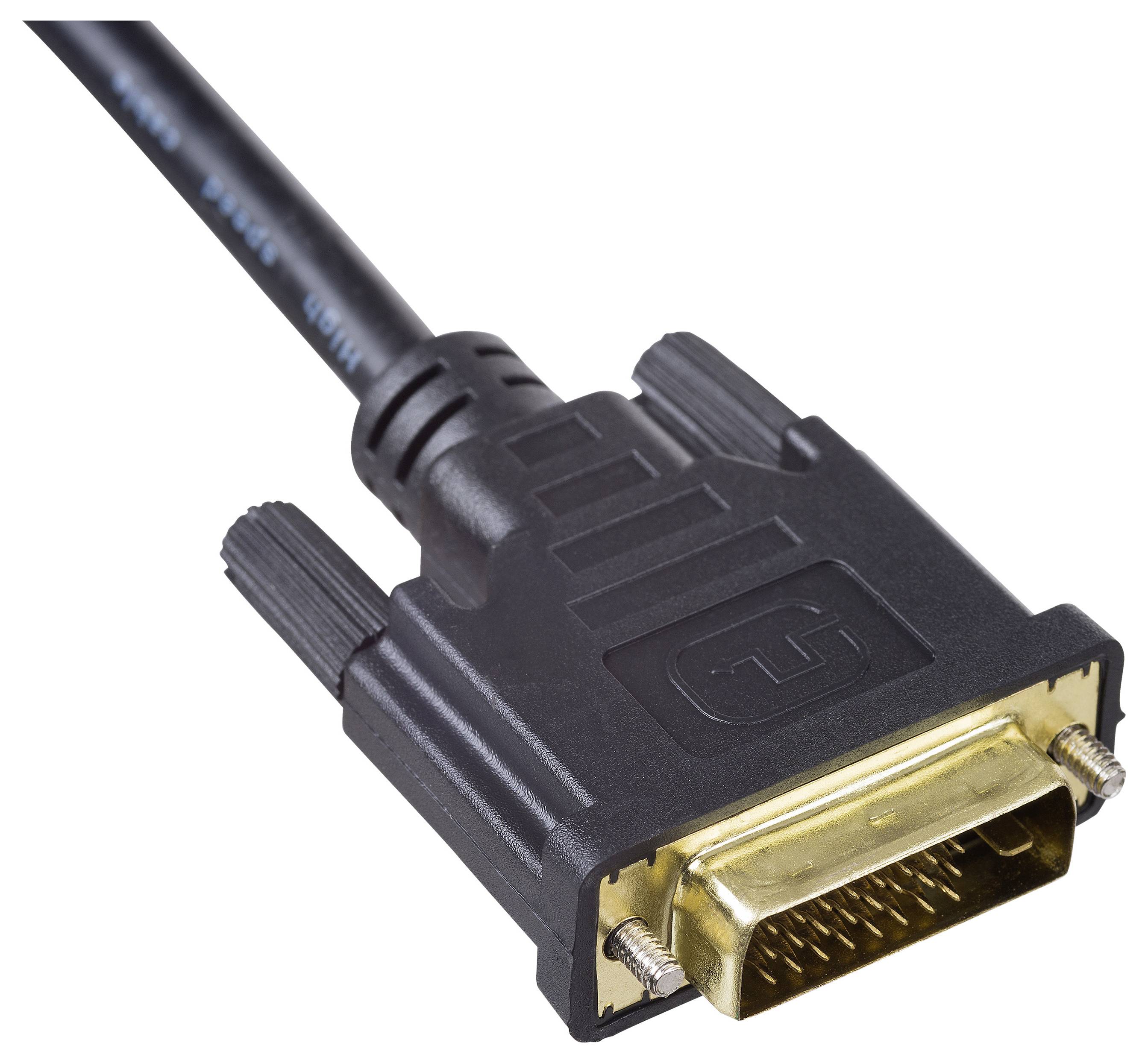 Close-up of a black DVI connector with gold contacts on a cable.