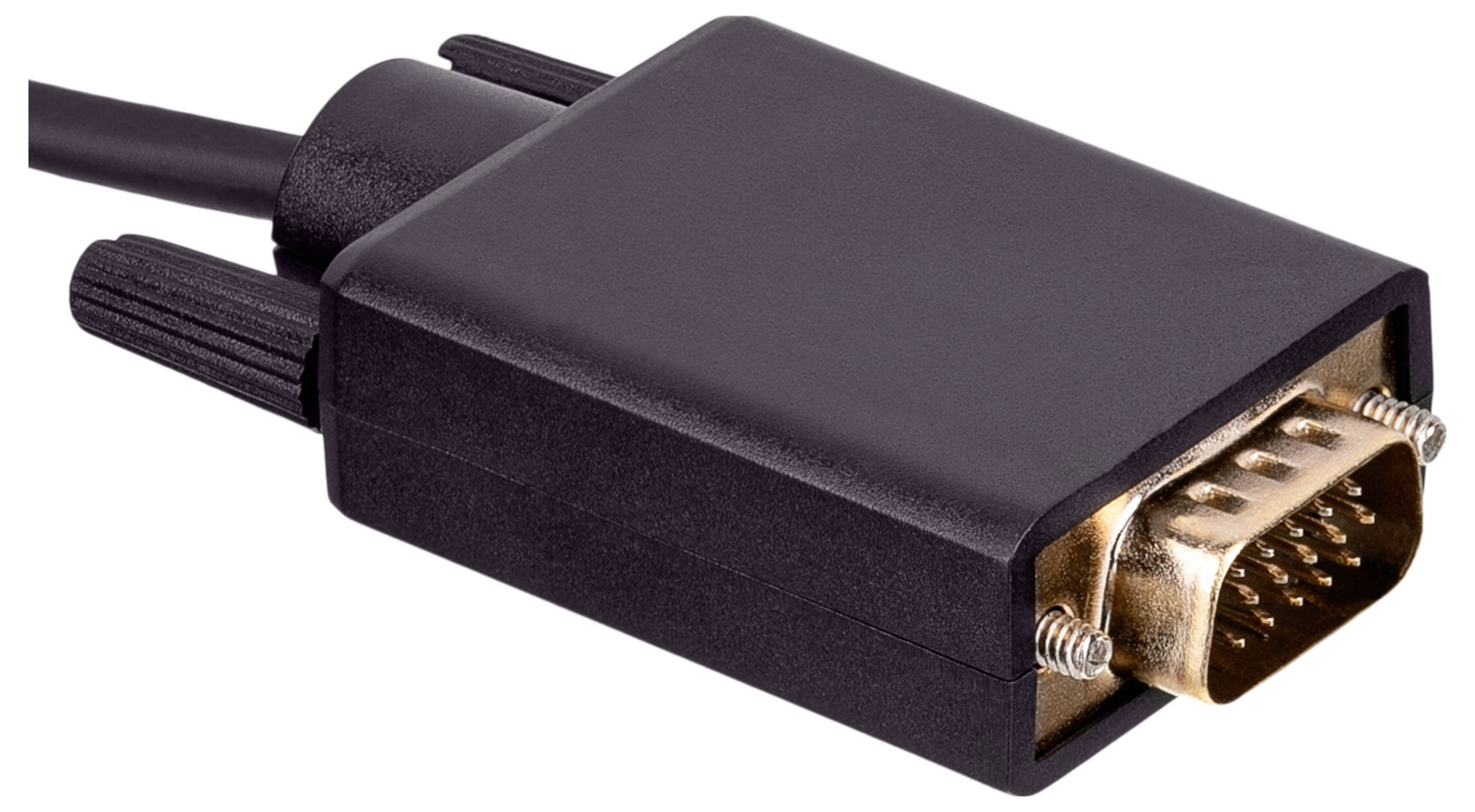 Close-up of a black VGA plug with visible metal pins, which can be inserted into an electronic device.