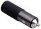Black car charger with a silver tip and golden switch, designed to plug into a car's cigarette lighter socket.