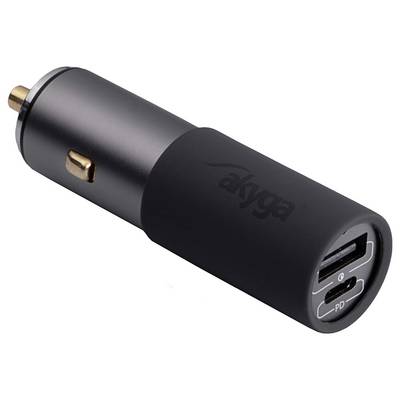 Black car charger with two USB outputs and one USB-C output. Brand name 'akyga' on the side. Compatible with PD.