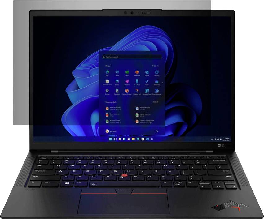 Laptop with an open Windows user interface on the screen, showing the Windows 11 start menu against a blue background.