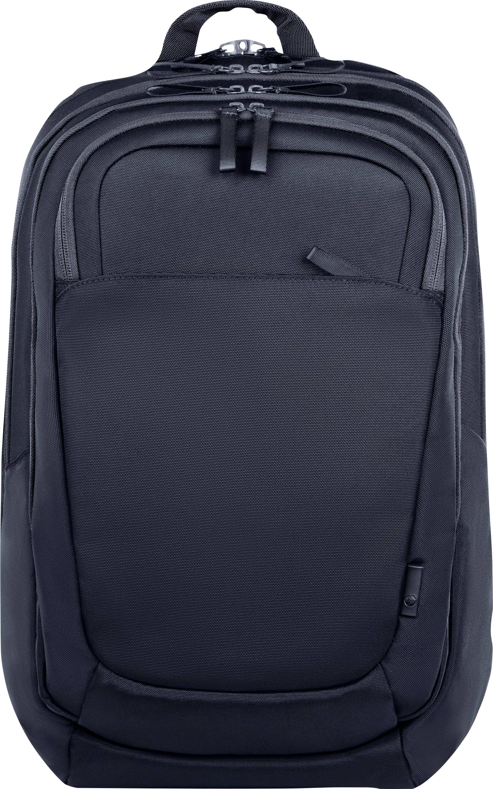 A black rucksack with multiple compartments and zips, suitable for travelling or everyday use.