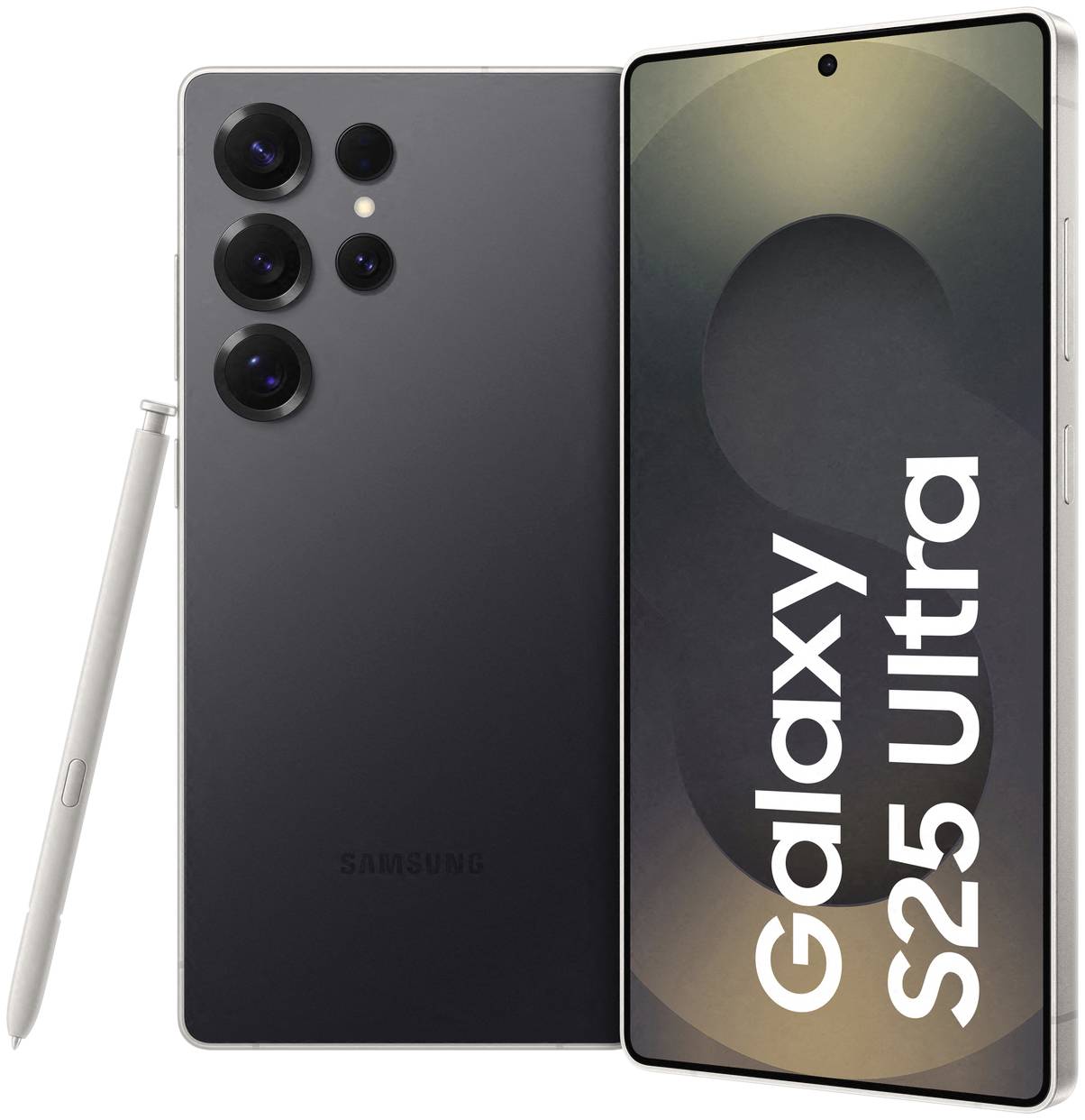 A Samsung Galaxy S25 Ultra smartphone in black with a stylus. Shows the display with the text 'Galaxy S25 Ultra'.