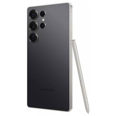 A modern smartphone with four camera lenses on the back and a silver stylus.