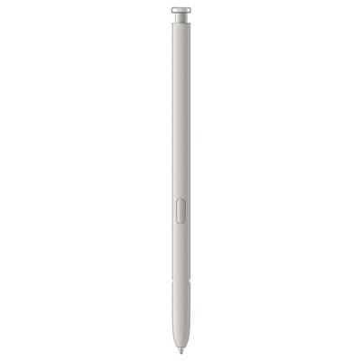 A silver input stylus in a vertical orientation, with a visible button in the centre.