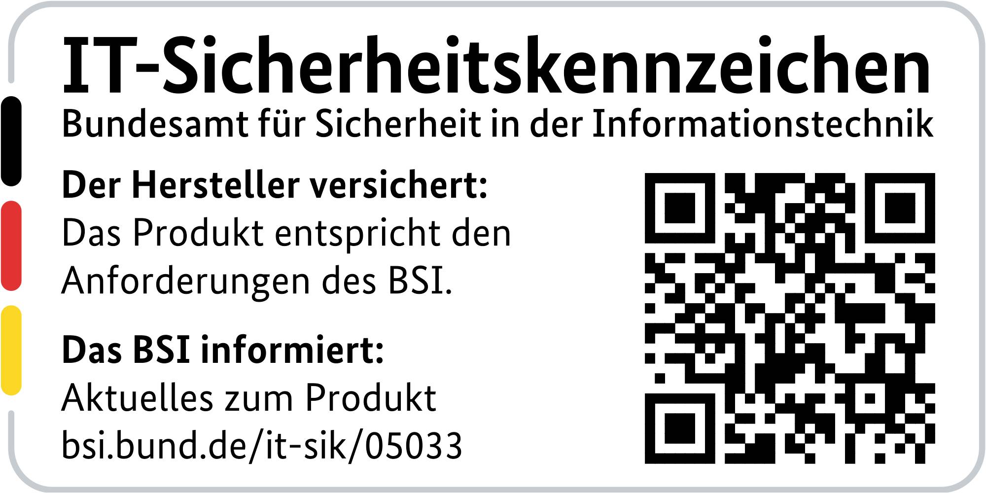 'IT Security Identifier of the Federal Office for Information Security. Manufacturer's Note: Product meets BSI requirements. BSI Reference: Current information at bsi.bund.de/it-sik/05033. QR Code on the right.'
