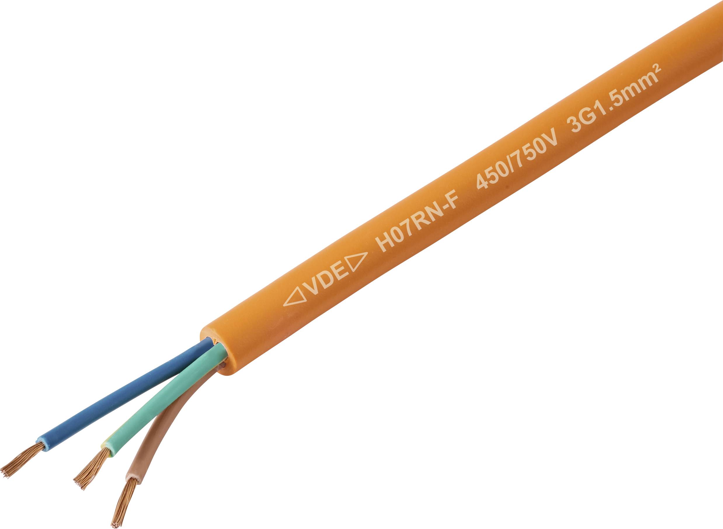 An orange electrical cable labeled 'H07RN-F 450/750V 3G1.5mm²' with three exposed copper wires in blue, brown, and green/yellow.