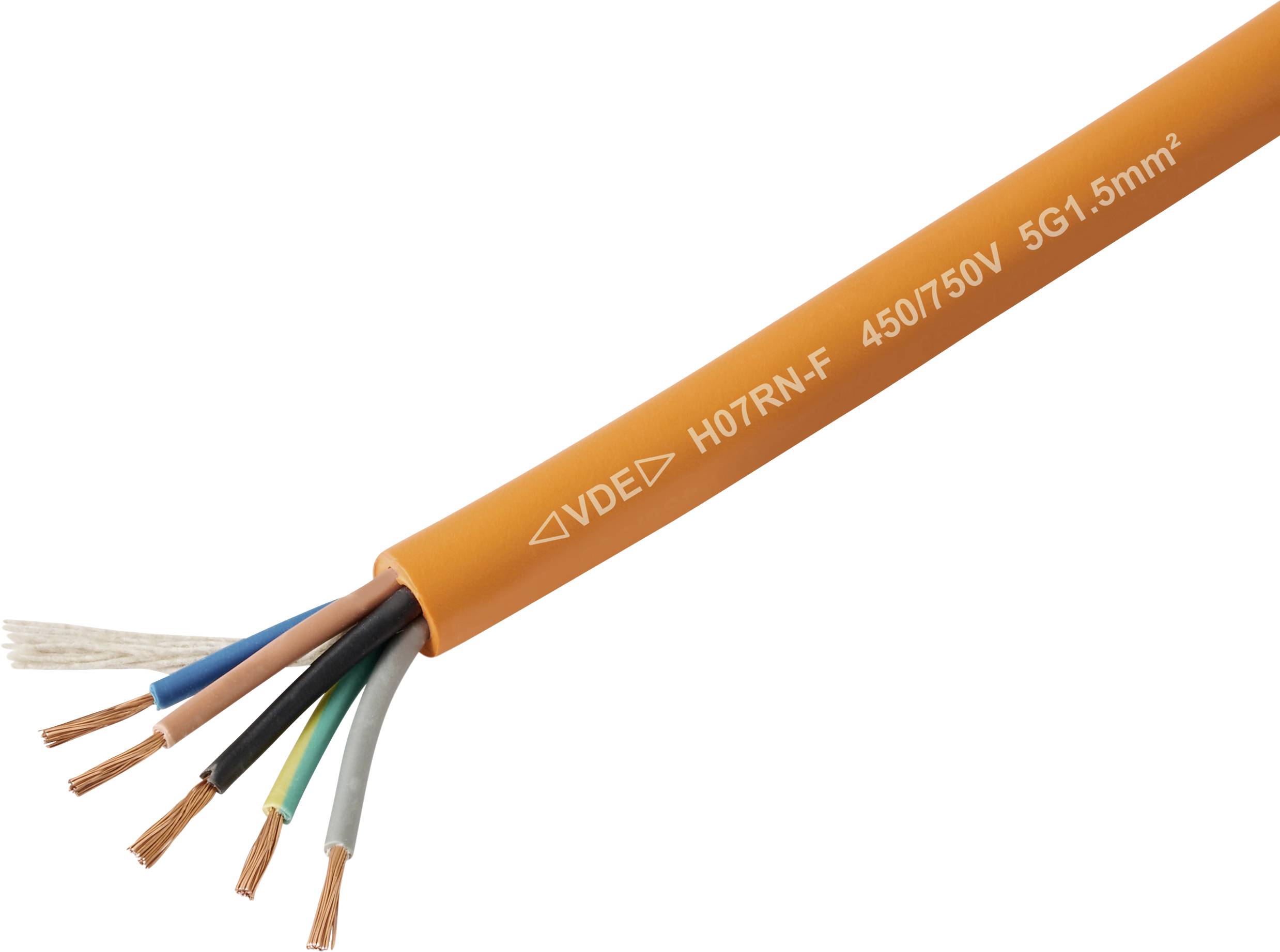 An orange electrical cable with several colored wires exposed at the end, labeled '450/750V 5G1.5mm²', indicating voltage and gauge details.