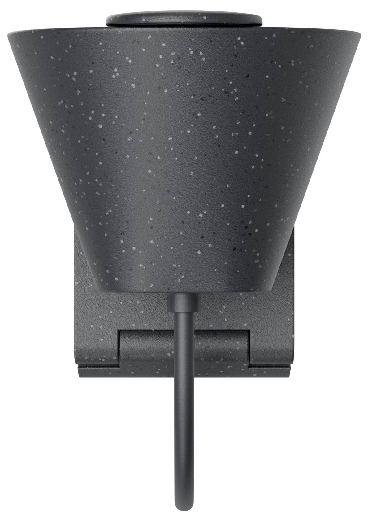 Black, funnel-shaped speaker with a speckled pattern, viewed from above, mounted on a wall bracket with cable underneath.