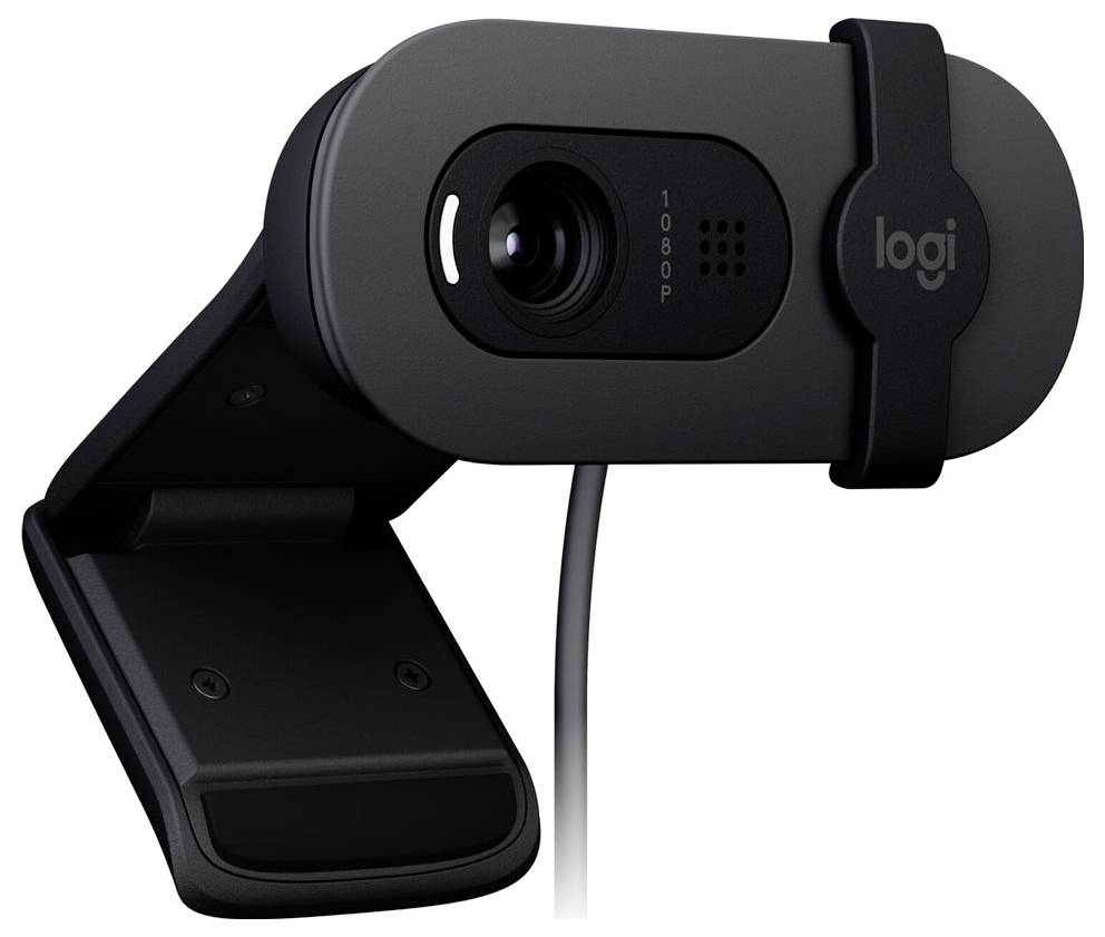Black webcam with mount, marked with 'logi' and '1080p'. Perfect for video calls and high-resolution recordings.