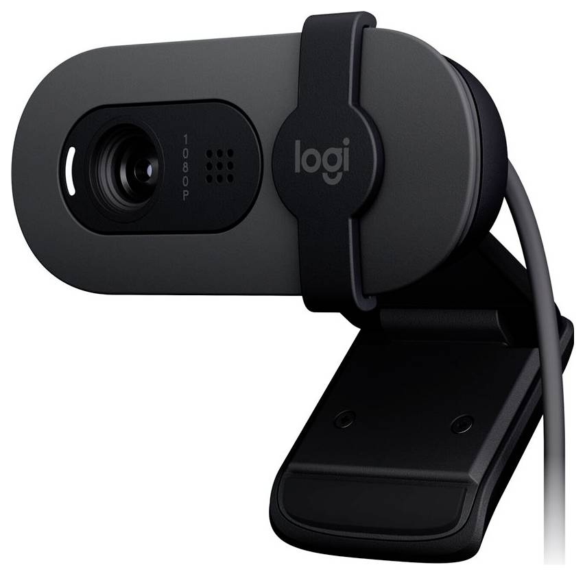Webcam in black with a clip for attachment, with the lens and manufacturer's logo visible.