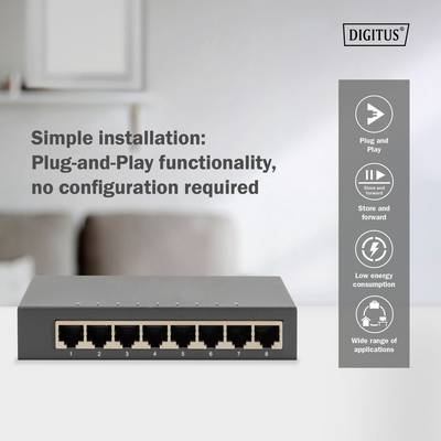 A black 8-port network switch on a table with text: 'Simple installation, plug-and-play, no configuration required'.