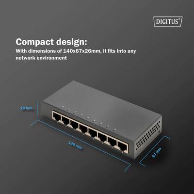 Compact network switch measuring 140x67x26 mm, suitable for various network environments. Six Ethernet ports visible.