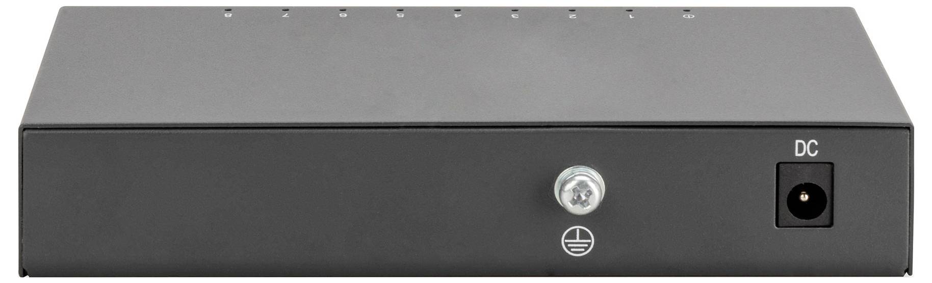 A black electronic device, presumably a network device, with a DC power connector and an earthing screw on the front panel.