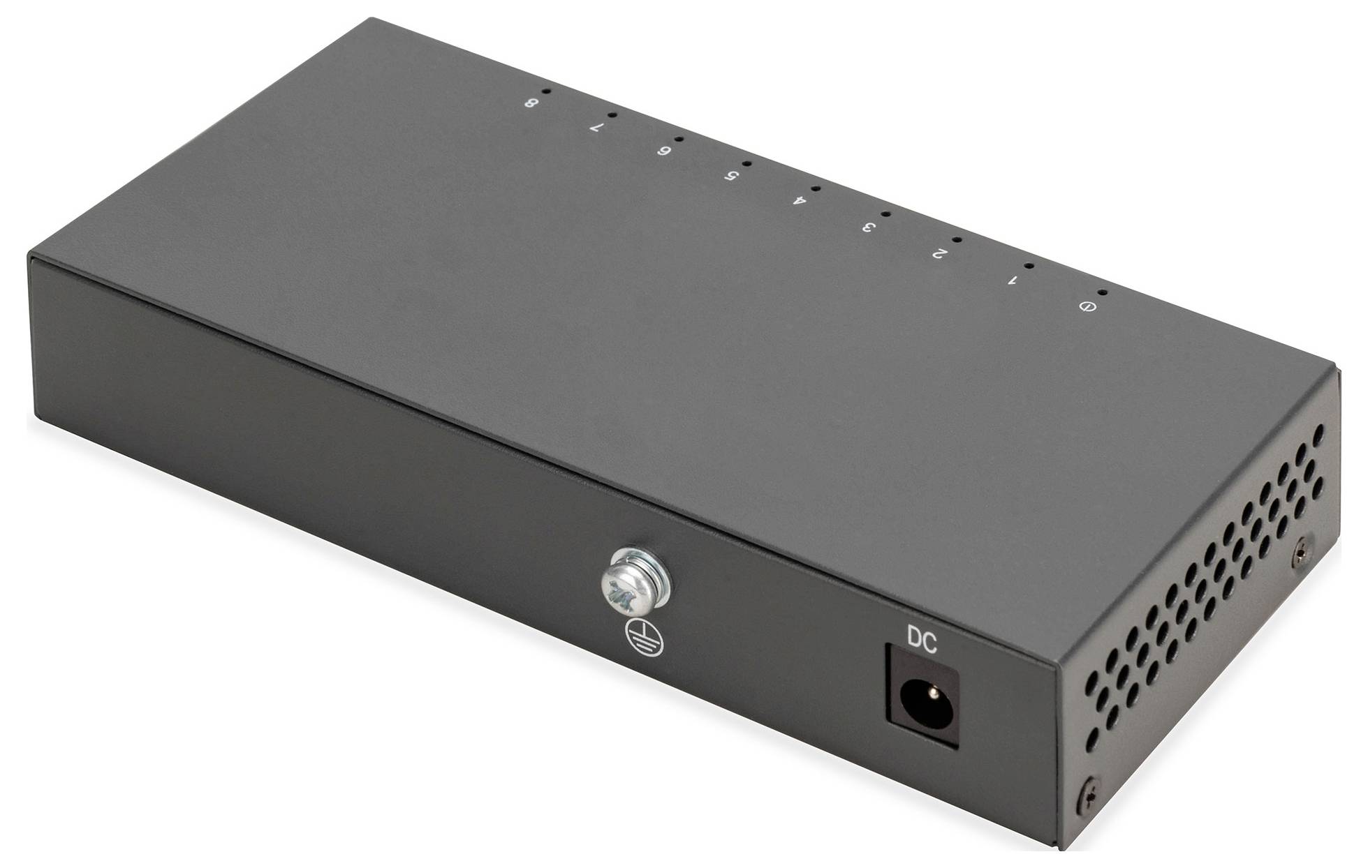 Black electronic device with multiple ports and a power connection. Top surface has numbered indicators.