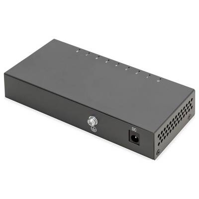 Black electronic device with multiple ports and a power connection. Top surface has numbered indicators.