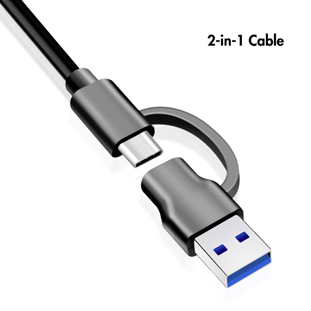 A 2-in-1 cable with USB-A and USB-C plugs. It offers versatile connection options for various devices.