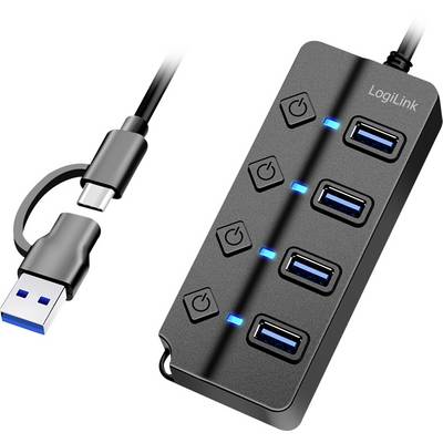 USB hub with four ports and blue LED indicators, equipped with separate buttons to switch each port on and off.