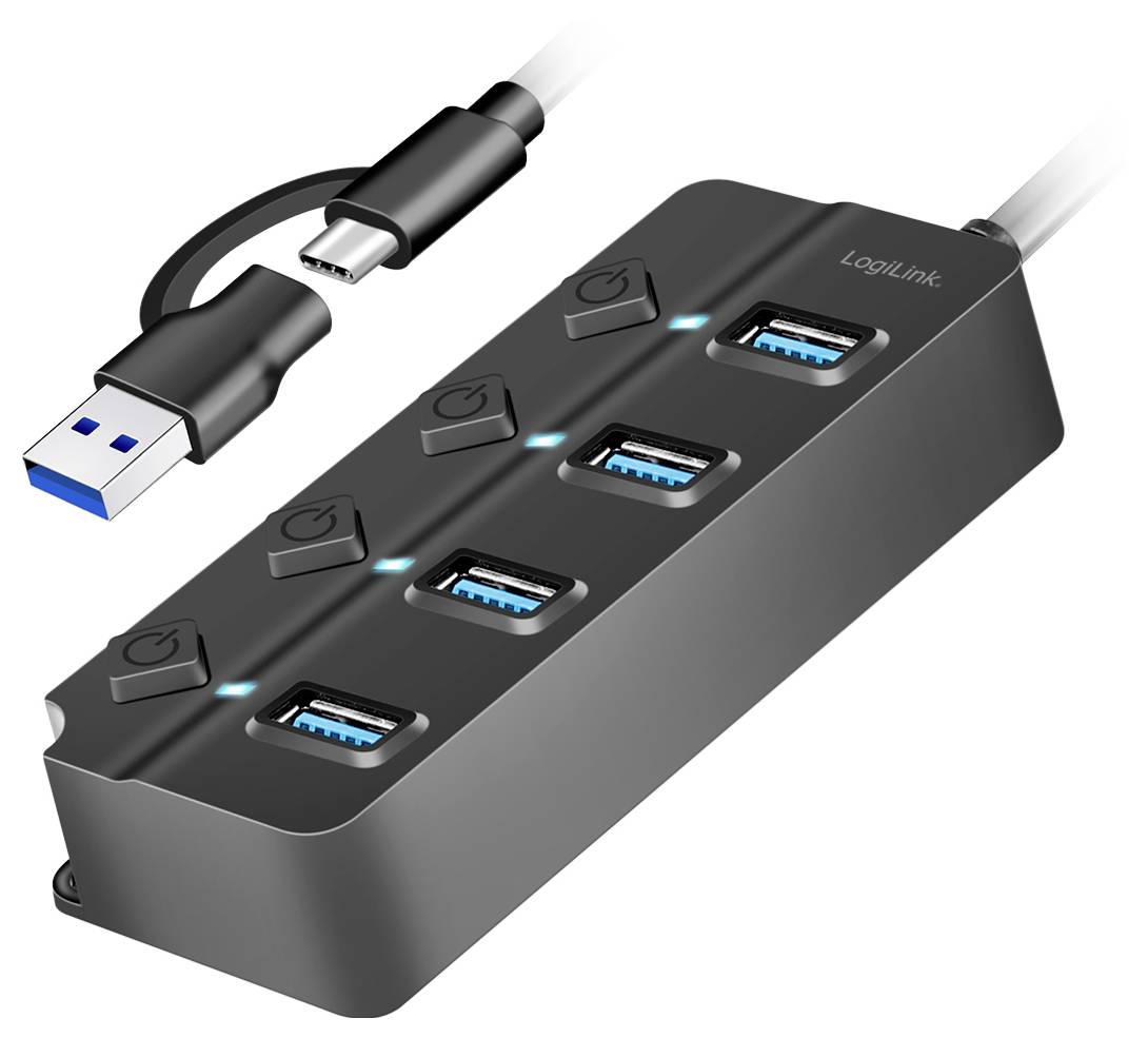 USB Hub with 7 Ports, USB 3.0, LED Indicators, On/Off Switch on Each Port. Connection Cable with USB Plug.