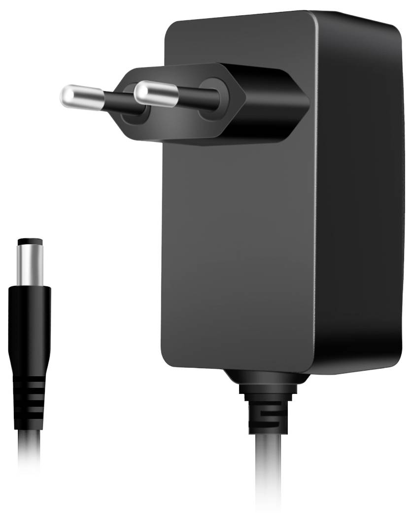 Black power adapter with European plug and DC cable, suitable for electronic devices or charging purposes.
