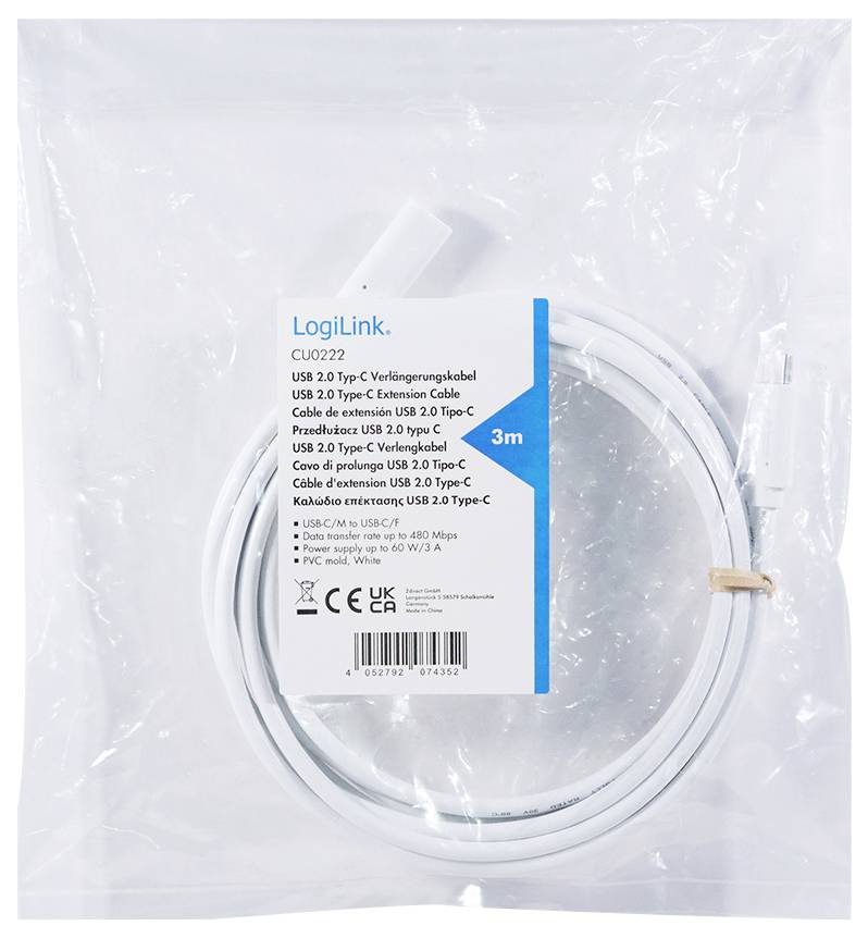 A packaged white USB 2.0 Type C extension cable by LogiLink, 3 metres long.<br><br>Note the British English spelling of "metres" and the slight adjustment in phrasing while maintaining the original meaning.