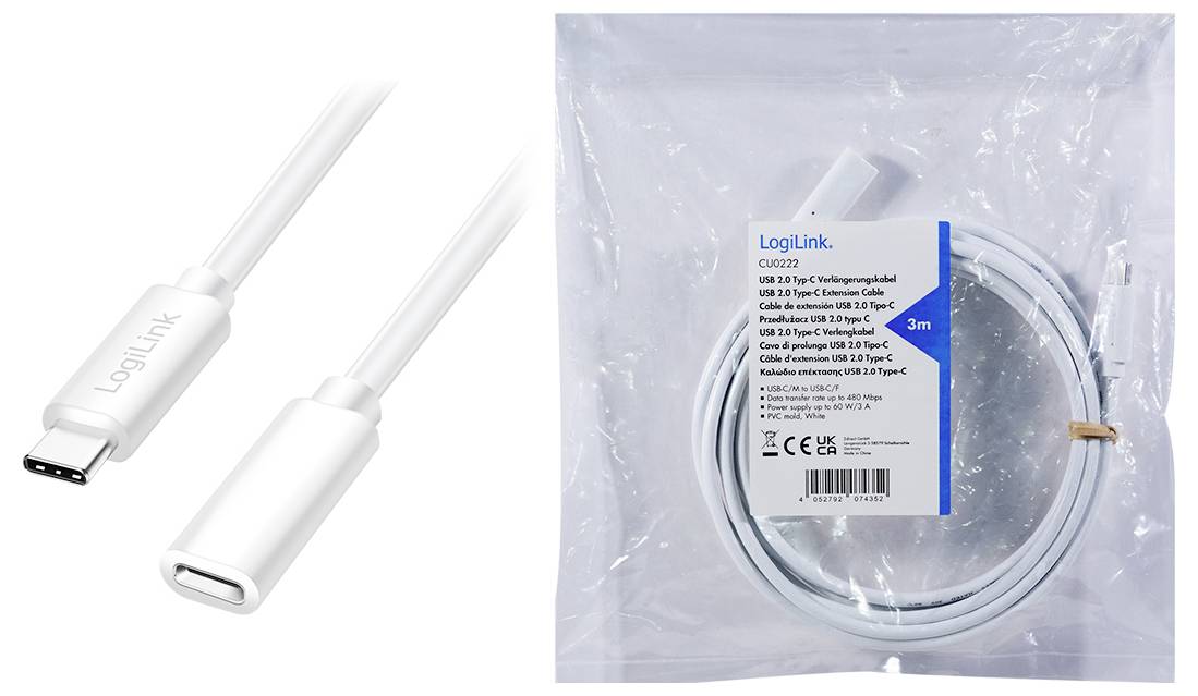Cable 'LogiLink CU0223', USB 3.0 Type-C, 3 Metres, white colour, packaged with product information, such as specifications and dimensions.