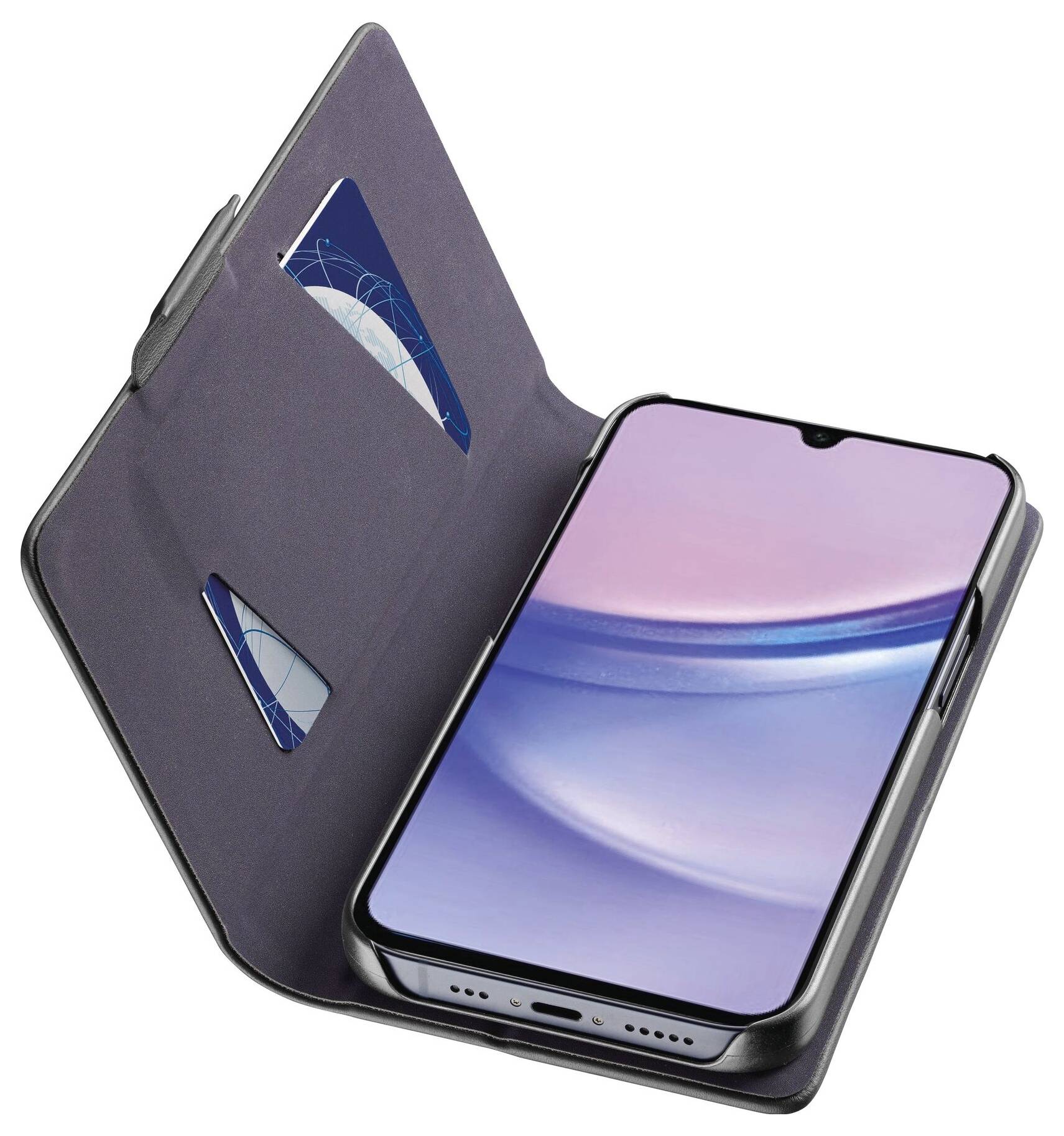 Smartphone in a black flip case with an open card slot, displaying a screen with an abstract blue-purple background.