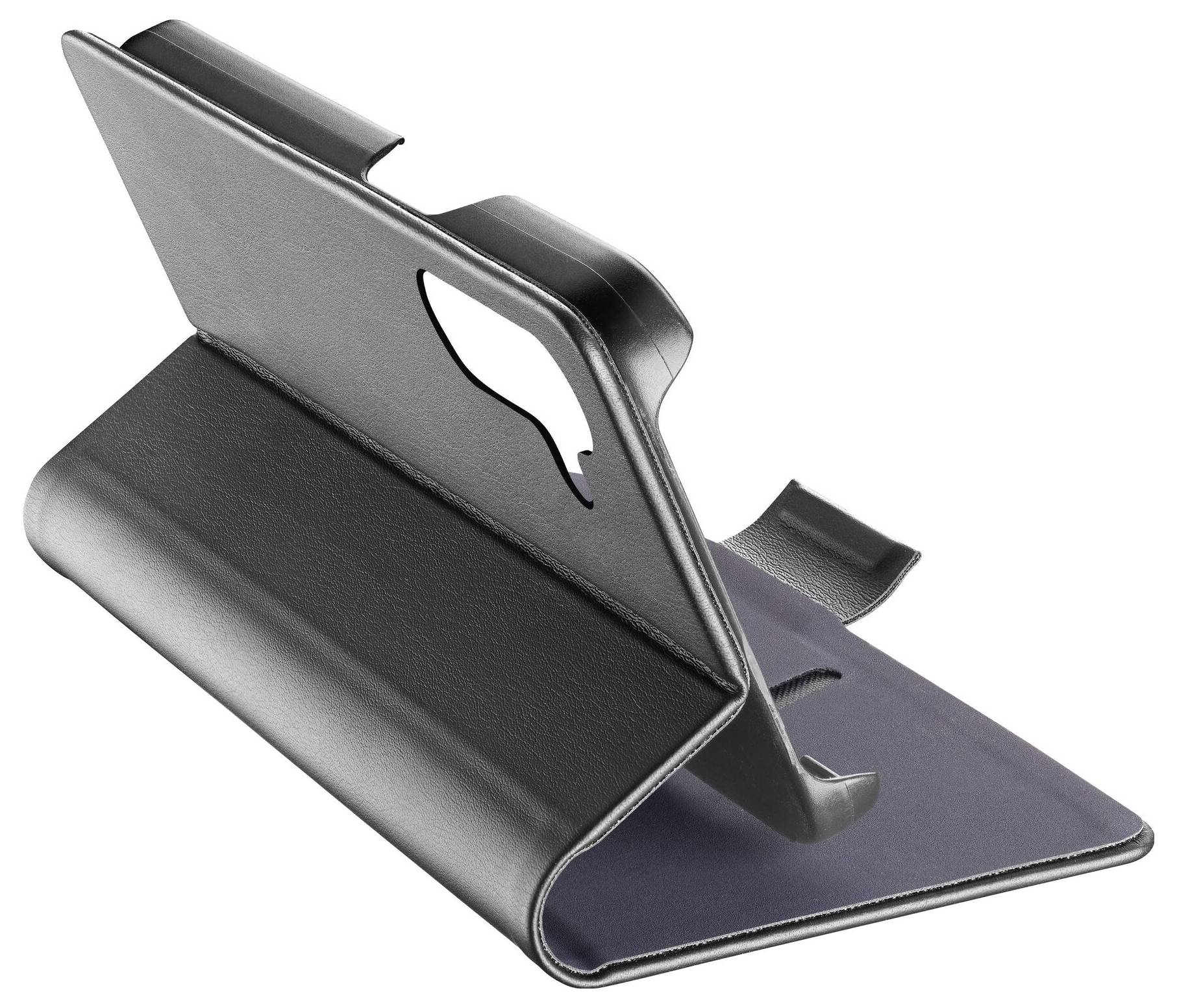 Black fold-out case for a smartphone that serves as a stand. It shows a slightly raised position for easier viewing.