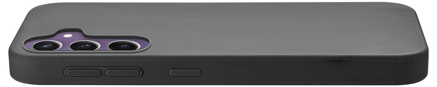 Black mobile phone case with camera cutout and three lens roundels, lying on its side, showing two side buttons.