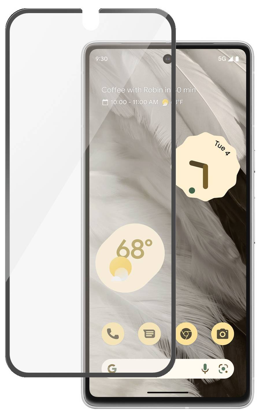 A smartphone with a displayed weather widget ('68° F') and calendar date ('Tue 4'). A protective glass is positioned in front of it.