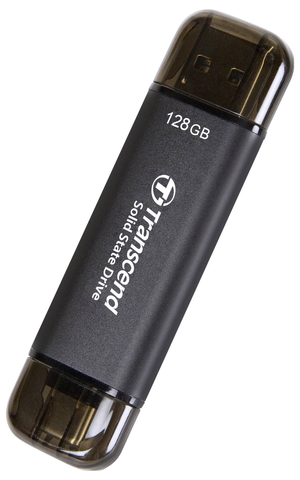 Black USB flash drive with the label '128GB Transcend Solid State Drive'.