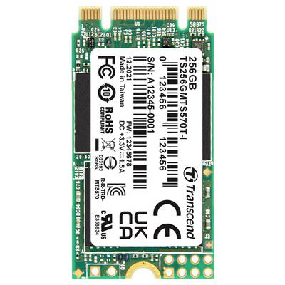 A 256GB Transcend M.2 SSD. Label shows serial number, product code, and certification logos such as FCC and CE.