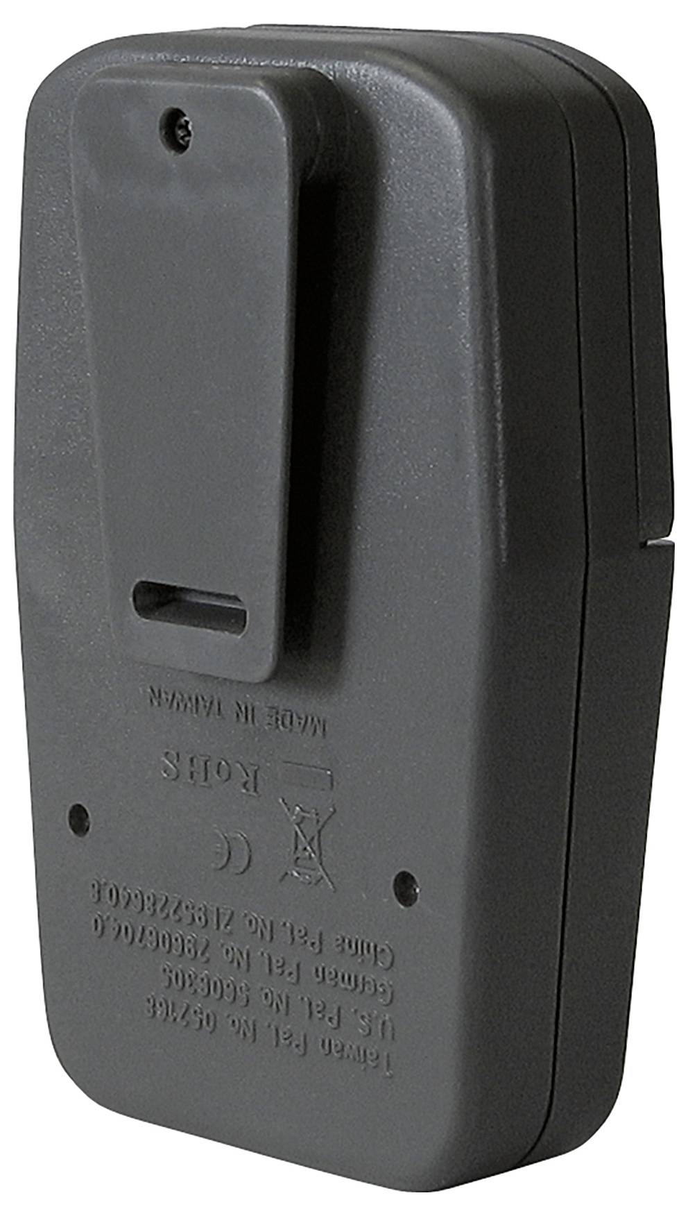A black electronic device with a clip on the back, potentially for portable use or attachment, with typical CE and RoHS markings.