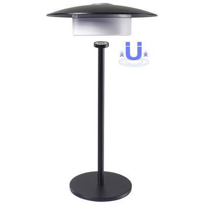 A modern black floor lamp with a wide shade and tall stand. An icon of a magnet with waves suggests magnetic functionality.