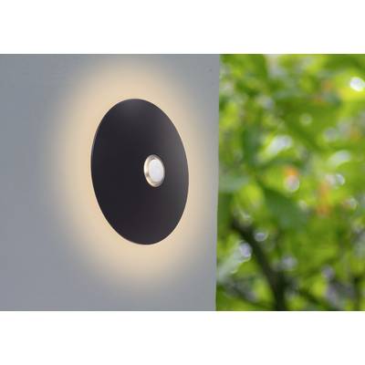 A circular black wall light with a central bulb emits a soft glow, mounted on a light gray wall with green foliage in the background.
