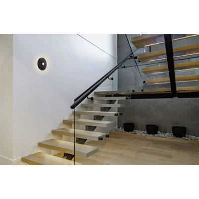 A modern open staircase with wooden steps and glass railings is shown, featuring a sleek wall light and potted plants on the landing.