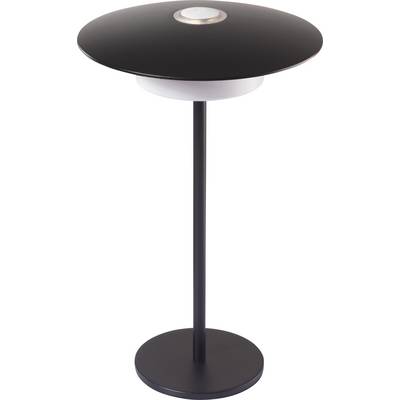 A sleek, modern black table lamp with a circular base and rim, featuring a central metallic button for operation.