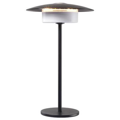 A modern, black metal lamp with a circular base and a white cylindrical light source beneath a curved, circular black shade.